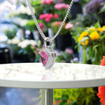Load image into Gallery viewer, Romantic Allure: Gleaming Heart Shape Pink Sapphire Pendant Necklace, Kissed by Moissanite Halo