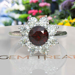 Load image into Gallery viewer, Velvety Vermilion: Round Garnet Ring Accented with Moissanite Halo