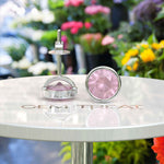 Load image into Gallery viewer, Gentle Radiance: Classic Round Rose Quartz Earrings in Bezel Setting.