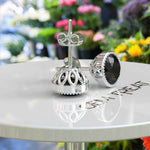 Load image into Gallery viewer, Midnight Muse: Round Black Onyx Bezel Set Stud Earrings with Filigree Halo.