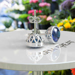 Load image into Gallery viewer, Nautical Stars: London Blue Bezel Stud Earrings with Milgrain Halo.