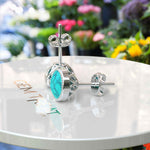 Load image into Gallery viewer, Azure Allure: Round Turquoise Stud Earrings with Vintage-Inspired Milgrain Halo.