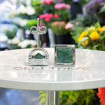 Load image into Gallery viewer, Forest Whispers: Princess Cut Moss Agate Bezel-Set Stud Earrings