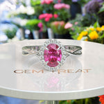 Load image into Gallery viewer, Celebrate Love with Sparkling Halo: Oval Pink Sapphire Ring with Twisted Shank