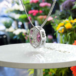 Load image into Gallery viewer, Radiant Elegance: Round Pink Sapphire Pendant Necklace Encircled by Double Moissanite Halos