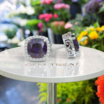 Load image into Gallery viewer, Lavish Lilac Luster: 8.0ctw Cushion Cut Amethyst Halo Stud Earrings.