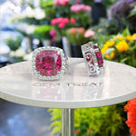 Load image into Gallery viewer, Rosy Radiance: Cushion Pink Sapphire Stud Earrings, Glimmering Moissanite Halo.