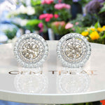 Load image into Gallery viewer, Rosy Radiance: Round Morganite Stud Earrings with Dual Moissanite Halos.