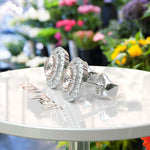 Load image into Gallery viewer, Rosy Radiance: Round Morganite Stud Earrings with Dual Moissanite Halos.