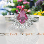 Load image into Gallery viewer, Whimsical Romance: Kite Cut Pink Sapphire Wedding Set with Marquise Moissanite Details