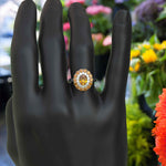 Load image into Gallery viewer, Dual Luster: Elegant Oval Citrine Ring Flanked by Moissanite & Citrine Halo