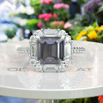 Load image into Gallery viewer, Exclusive 3ct Gray Moissanite Asscher-Cut Ring with Unique Baguette Moissanite Halo