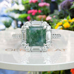 Load image into Gallery viewer, Earthly Enigma: Square Moss Agate and Moissanite Baguette Halo Ring.