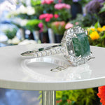 Load image into Gallery viewer, Earthly Enigma: Square Moss Agate and Moissanite Baguette Halo Ring.