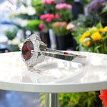 Load image into Gallery viewer, Blooming Floral Design with Round Garnet Halo Engagement Ring