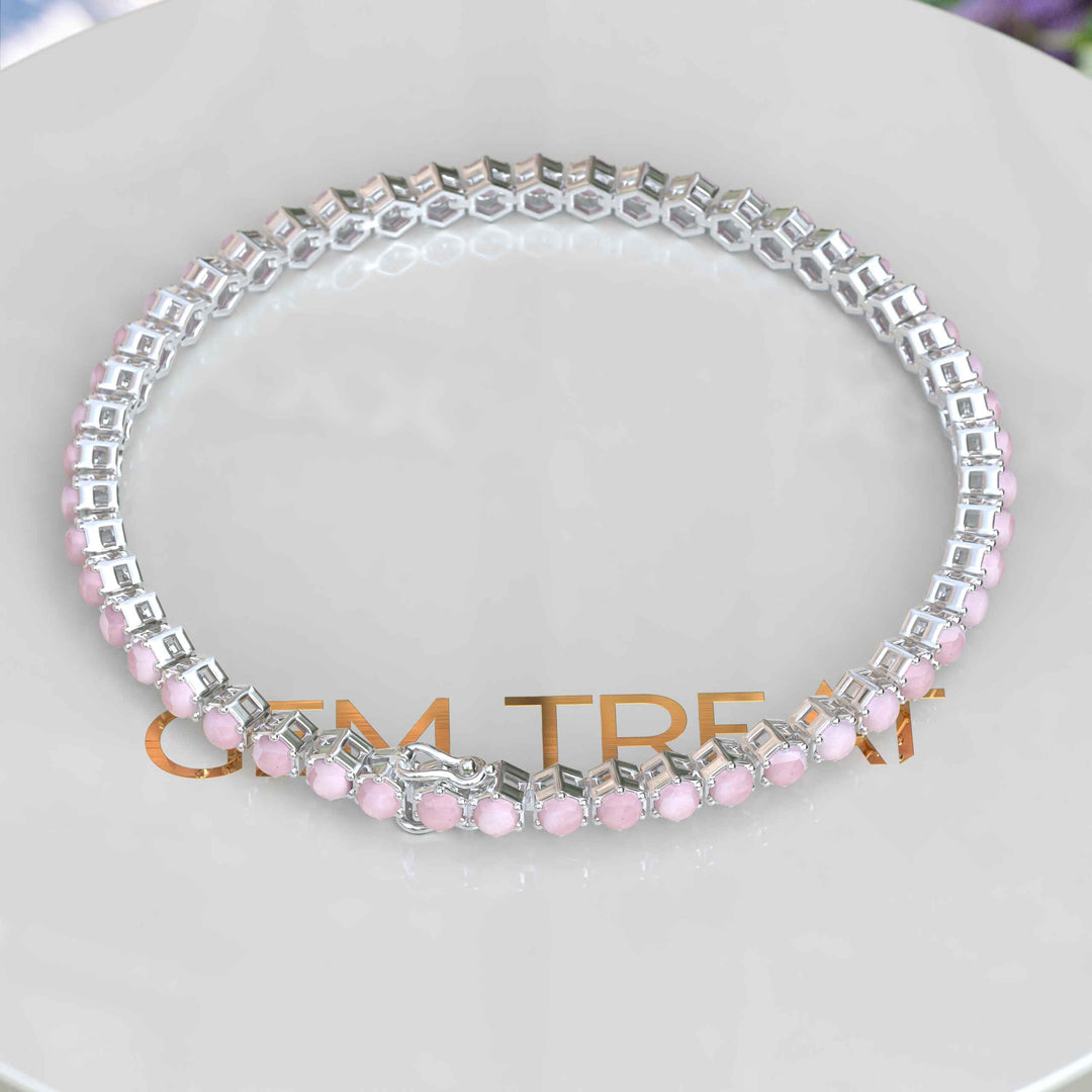 Pink Serenity: Round Rose Quartz Tennis Bracelet with Subtle Elegance