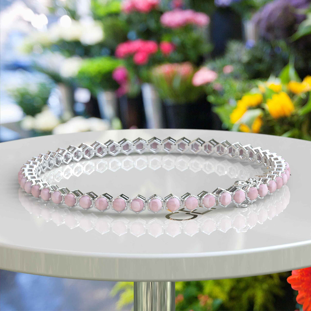 Pink Serenity: Round Rose Quartz Tennis Bracelet with Subtle Elegance