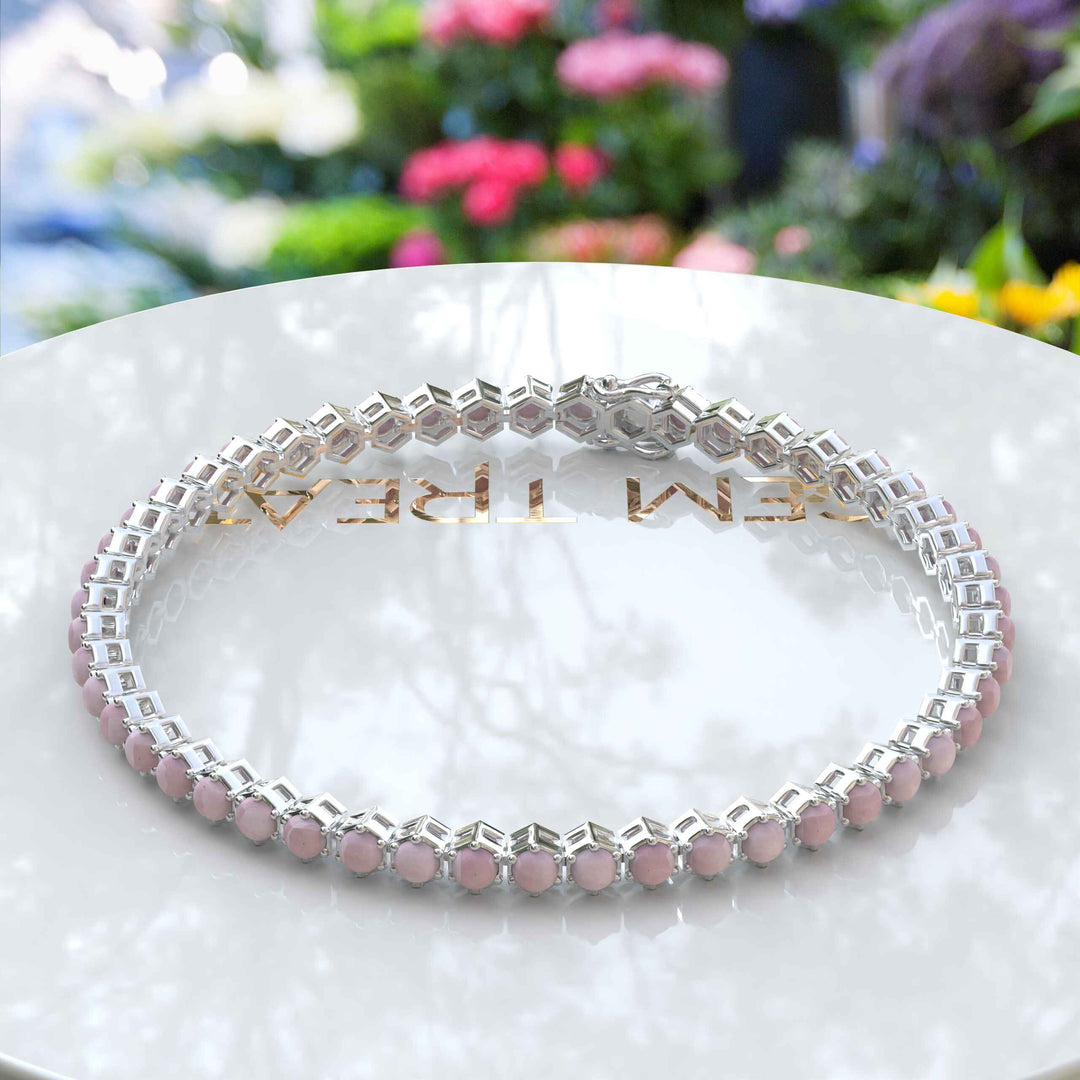 Pink Serenity: Round Rose Quartz Tennis Bracelet with Subtle Elegance