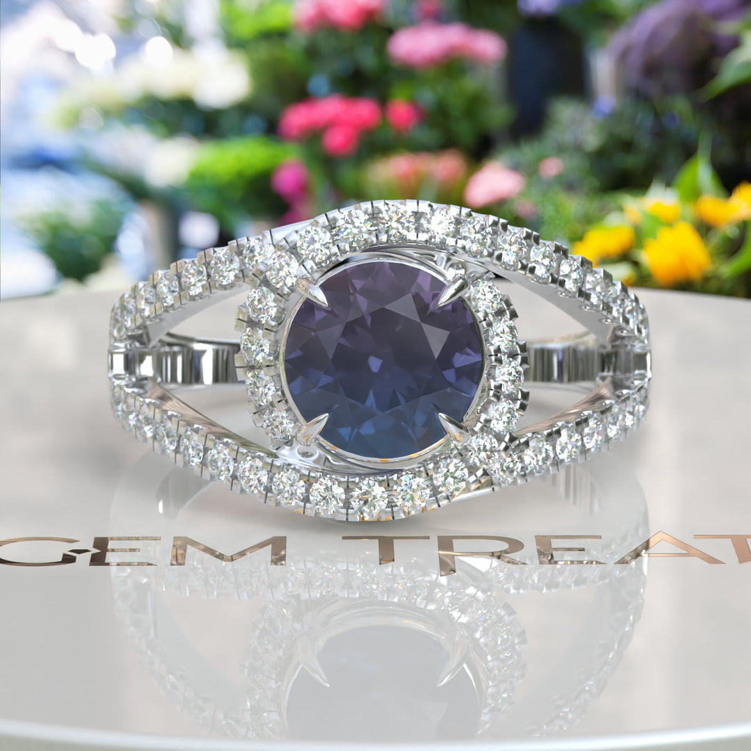 Celestial Dance: Round Alexandrite Halo Ring Complemented by Moissanite Accents in Lustrous Silver