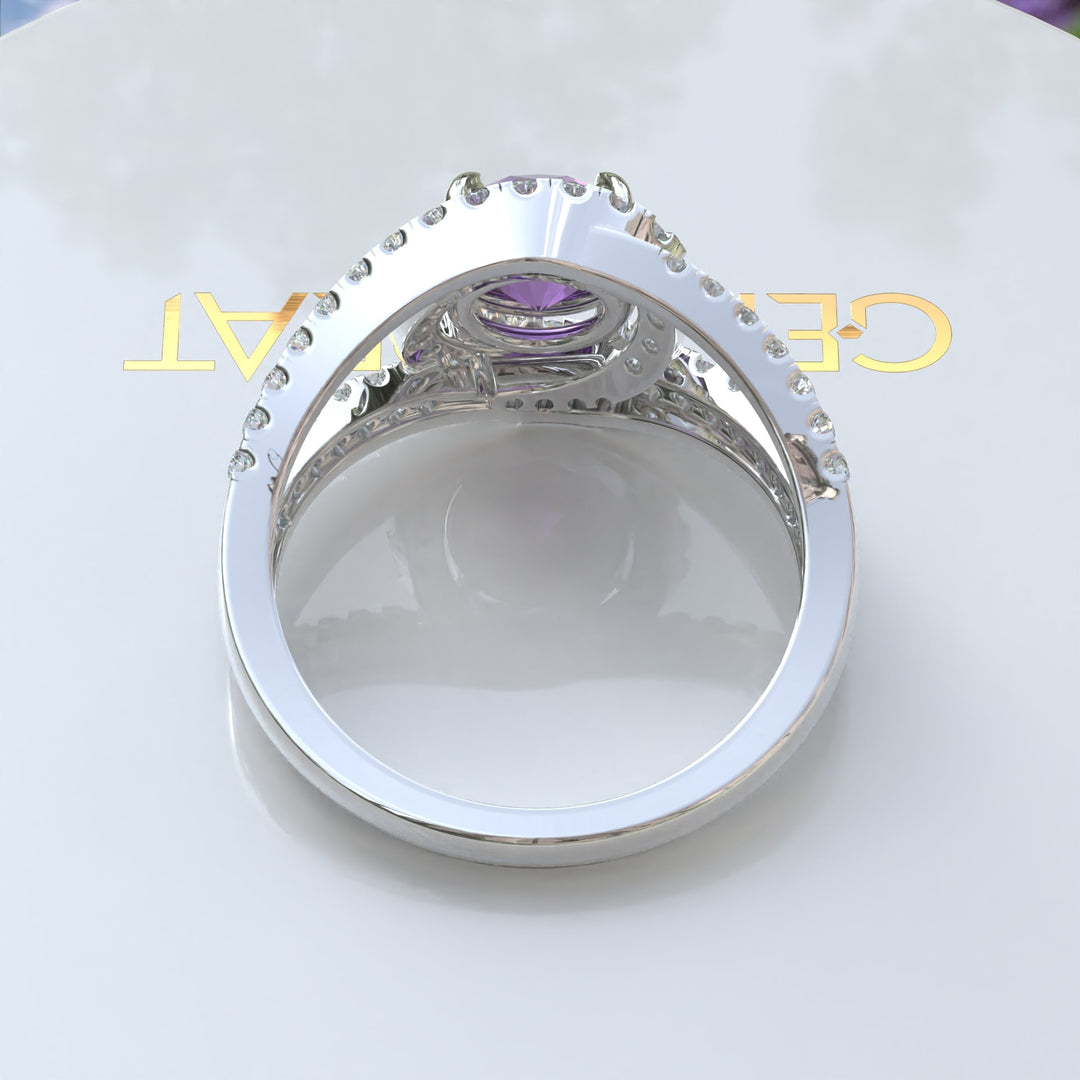 Purple Majesty: Silver Halo Ring Featuring a Brilliant 1ct Round Amethyst Centerpiece