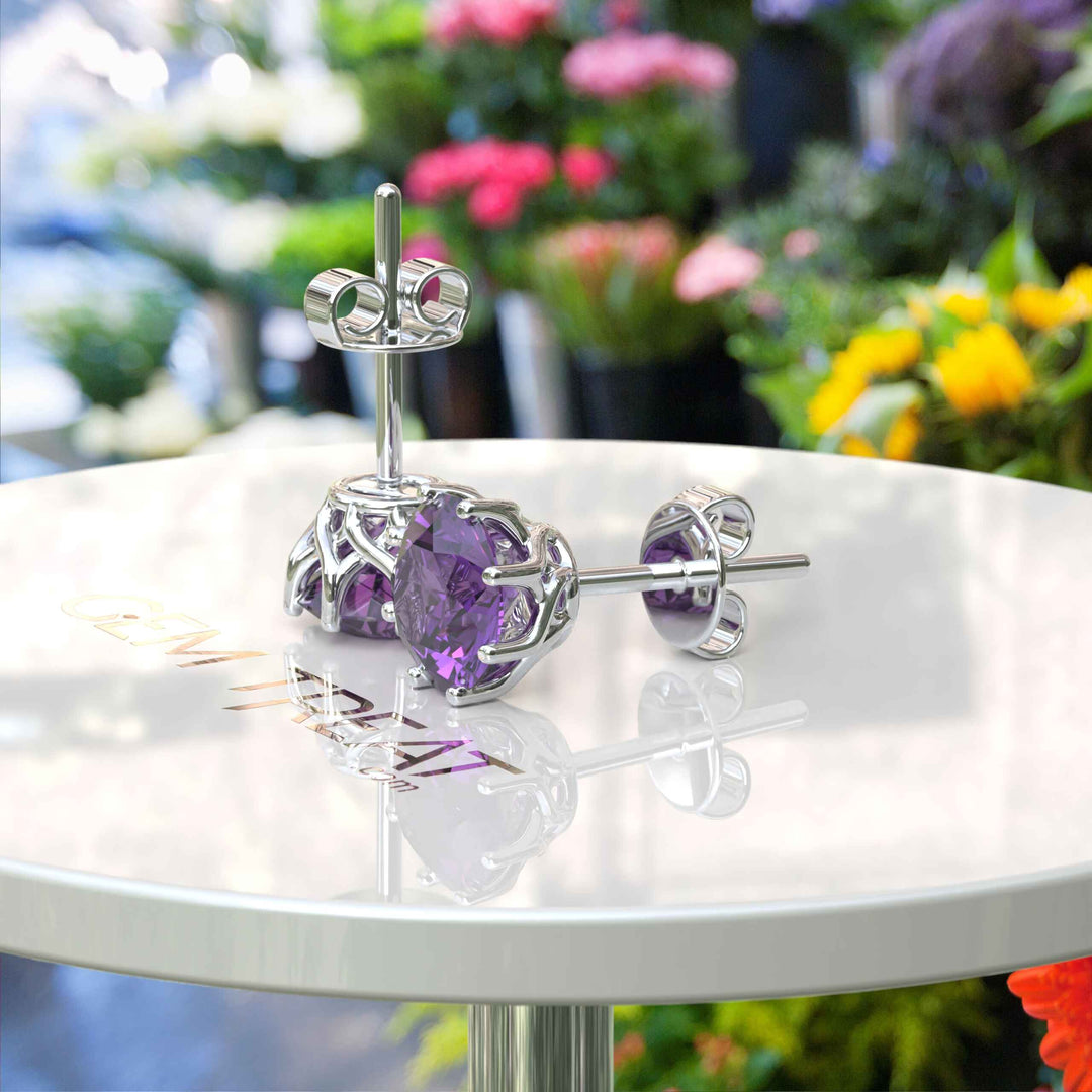 Violet Radiance: Timeless Amethyst Round Stud Earrings.