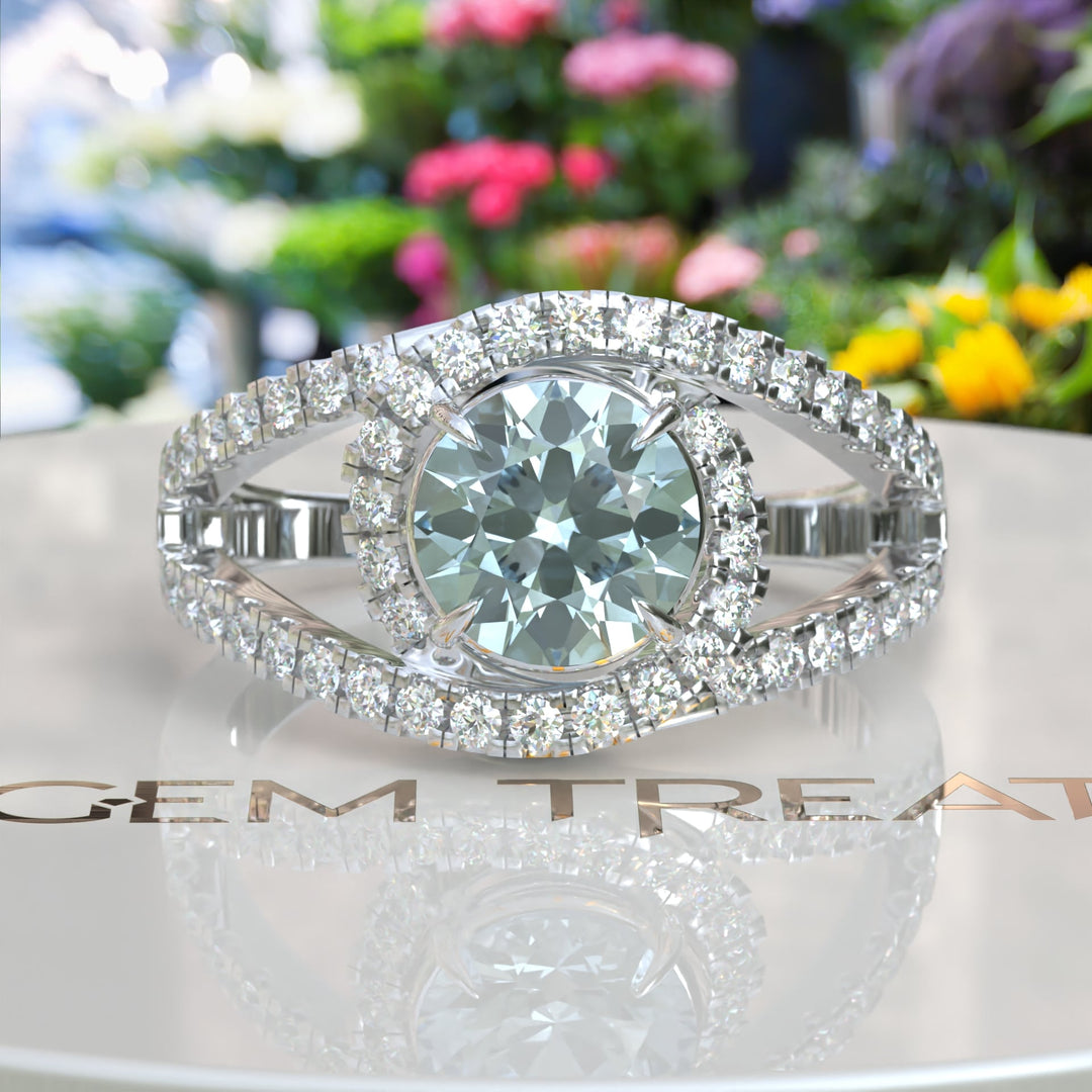 Harbor of Light: Silver Halo Ring with 1ct Round Aquamarine and Dazzling Moissanites on Split Shank