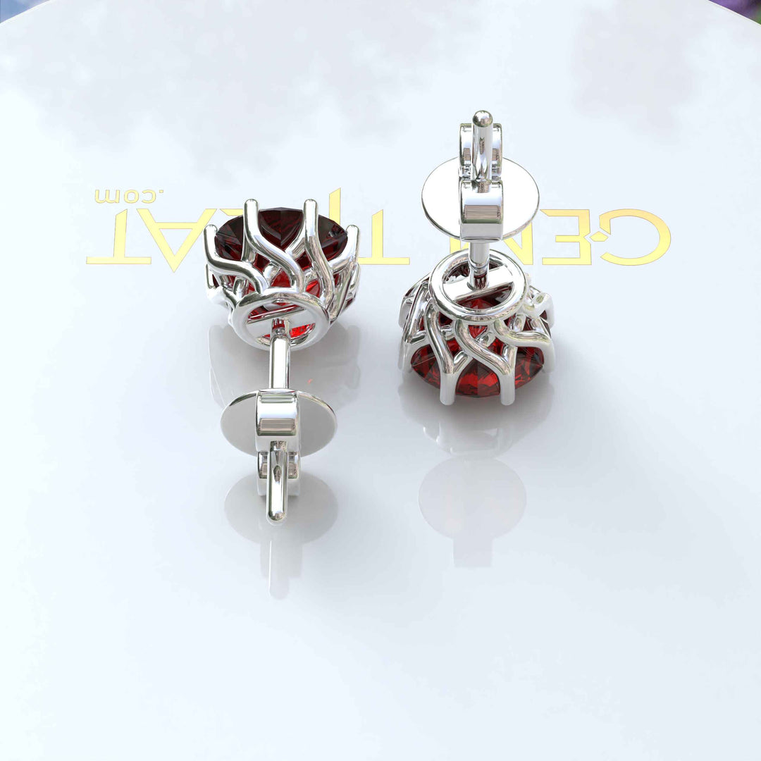 Deep Red Allure: Silver Earrings with Round Garnet Studs for Daily Charm