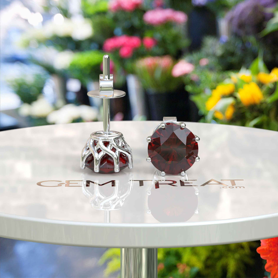 Deep Red Allure: Silver Earrings with Round Garnet Studs for Daily Charm