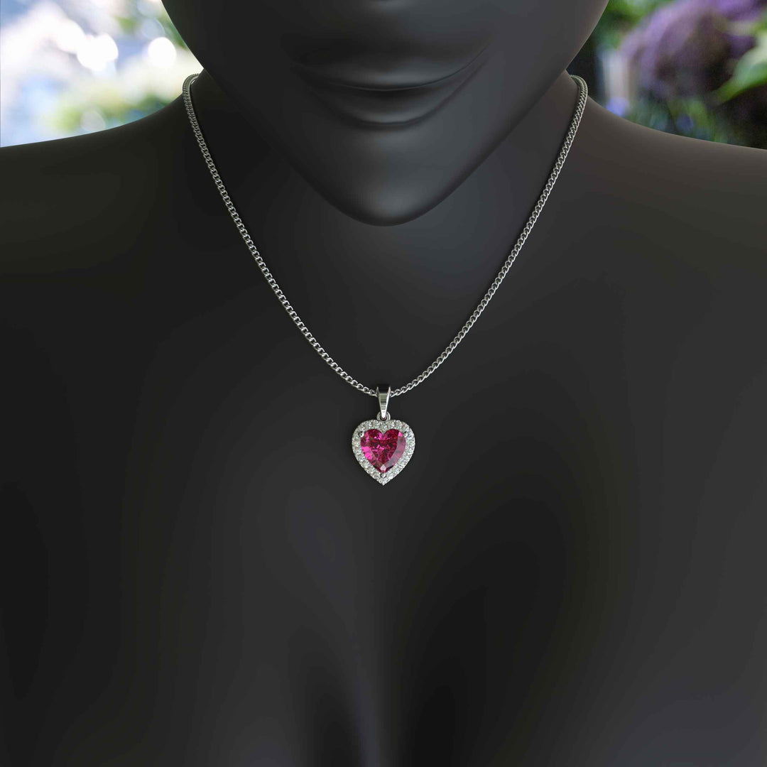 Romantic Allure: Gleaming Heart Shape Pink Sapphire Pendant Necklace, Kissed by Moissanite Halo