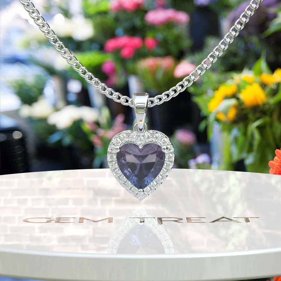 Whisper of Love: Alexandrite Heart Pendant Necklace with Glistening Moissanite Halo