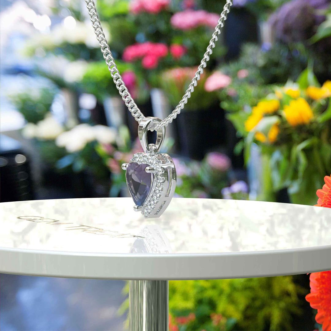 Whisper of Love: Alexandrite Heart Pendant Necklace with Glistening Moissanite Halo