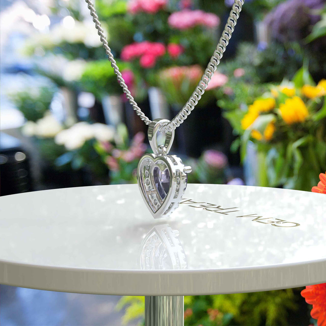 Whisper of Love: Alexandrite Heart Pendant Necklace with Glistening Moissanite Halo