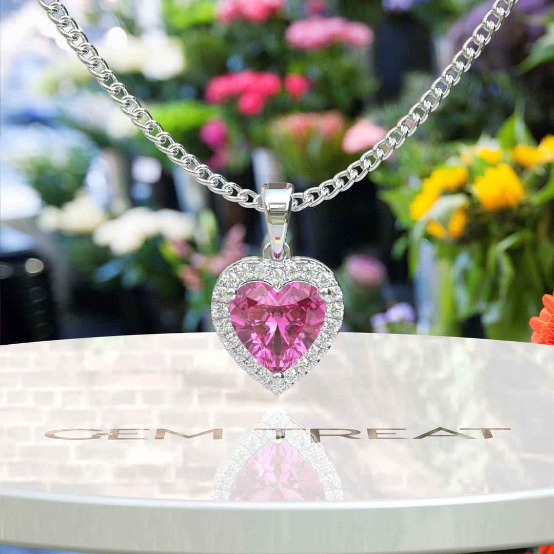 Romantic Allure: Gleaming Heart Shape Pink Sapphire Pendant Necklace, Kissed by Moissanite Halo