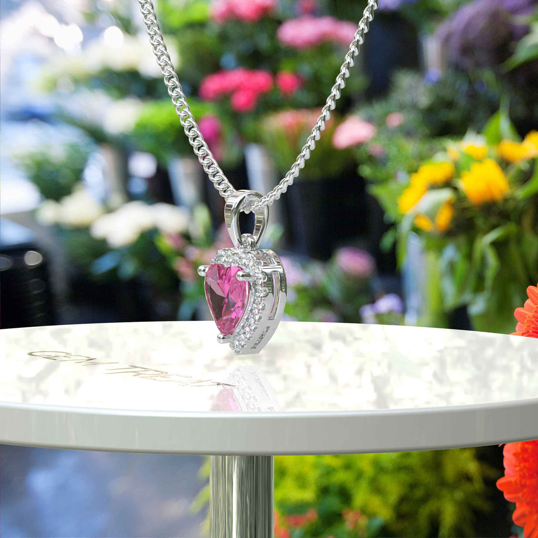 Romantic Allure: Gleaming Heart Shape Pink Sapphire Pendant Necklace, Kissed by Moissanite Halo