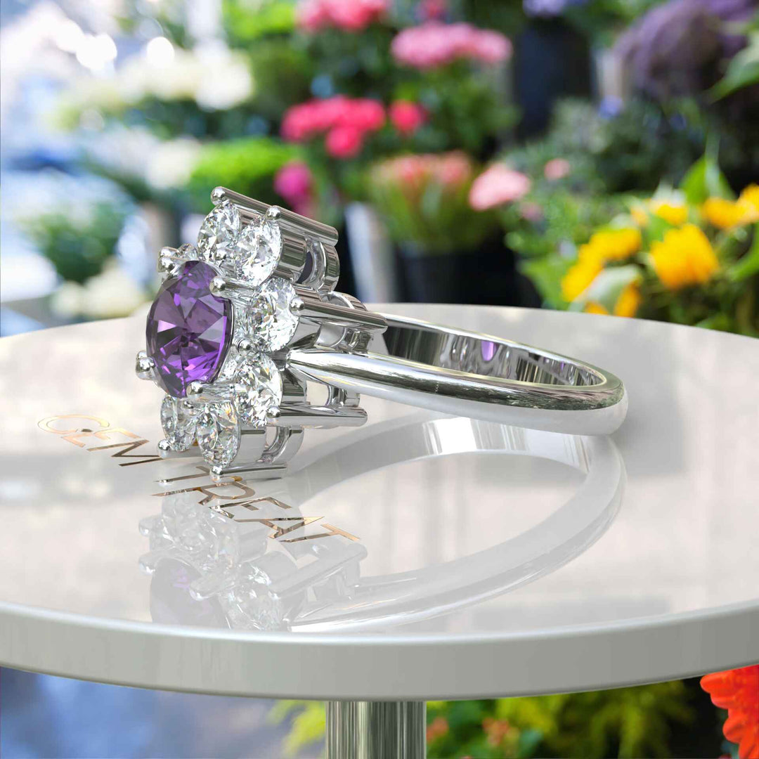 Violet Allure: Lustrous Silver Ring with 1ct Round Amethyst and Radiant Moissanite Halo Accents