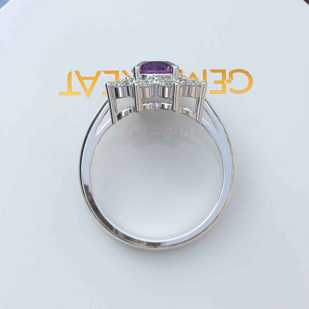 Violet Allure: Lustrous Silver Ring with 1ct Round Amethyst and Radiant Moissanite Halo Accents