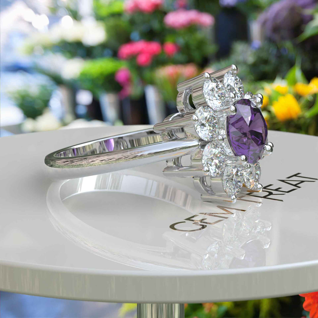 Violet Allure: Lustrous Silver Ring with 1ct Round Amethyst and Radiant Moissanite Halo Accents