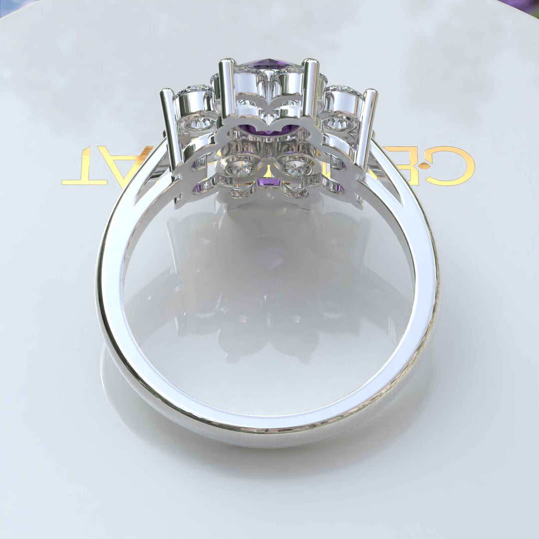 Violet Allure: Lustrous Silver Ring with 1ct Round Amethyst and Radiant Moissanite Halo Accents