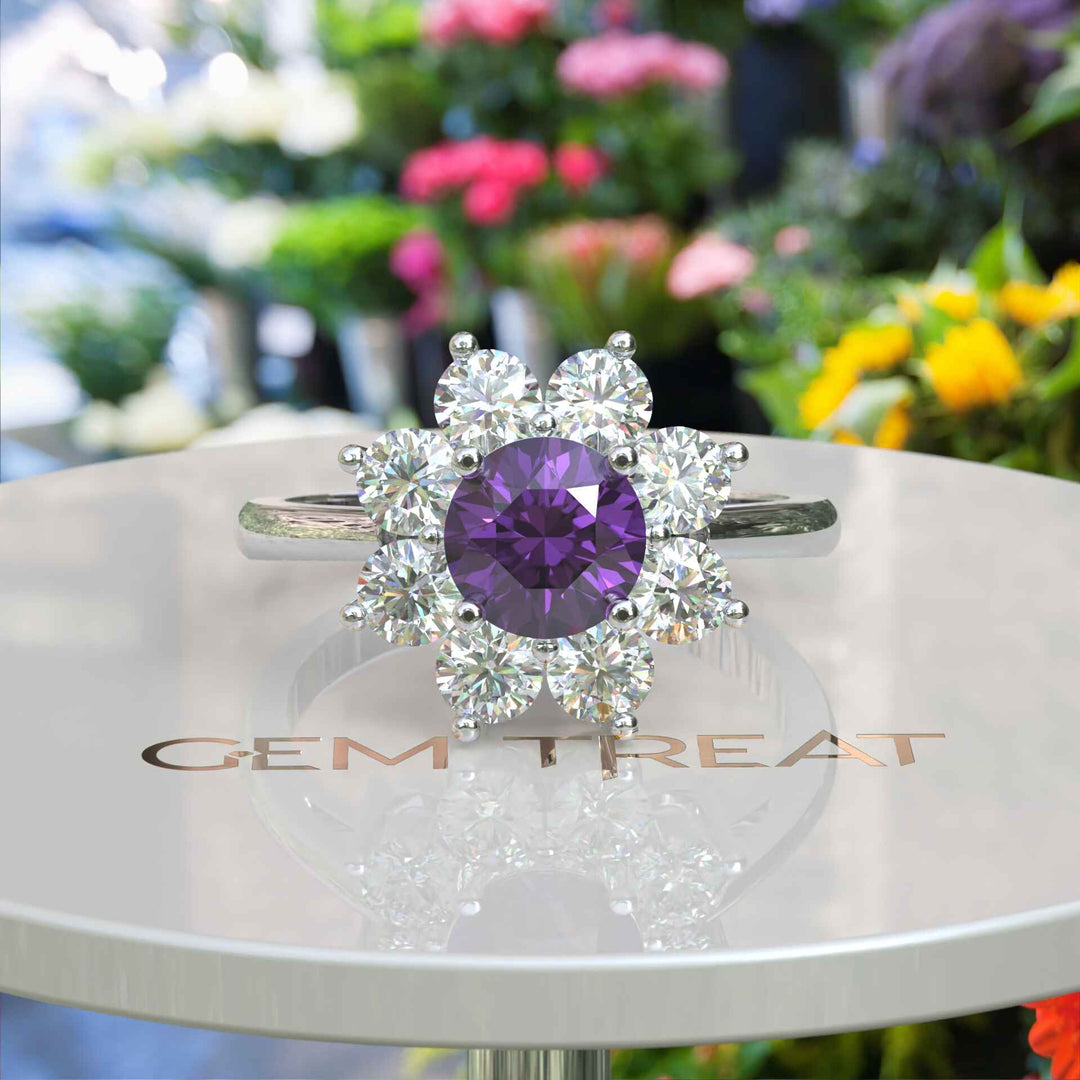 Violet Allure: Lustrous Silver Ring with 1ct Round Amethyst and Radiant Moissanite Halo Accents