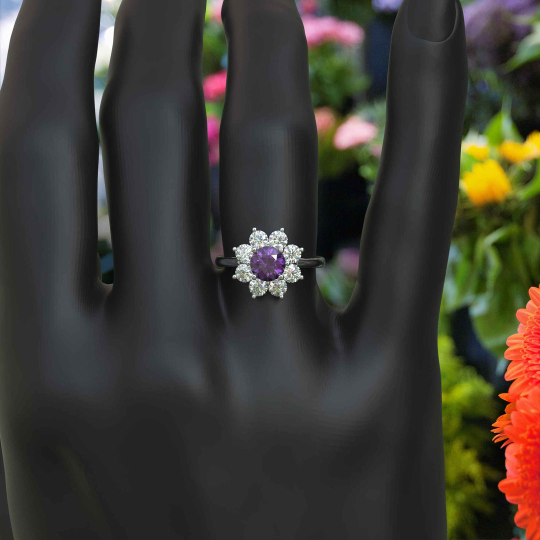 Violet Allure: Lustrous Silver Ring with 1ct Round Amethyst and Radiant Moissanite Halo Accents