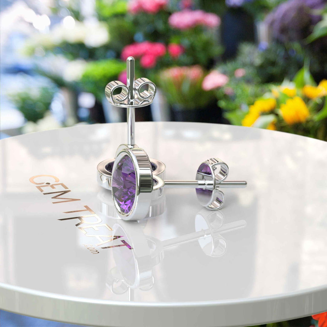 Purple Panache: Classic Round Amethyst Studs in Bezel Setting Earrings.