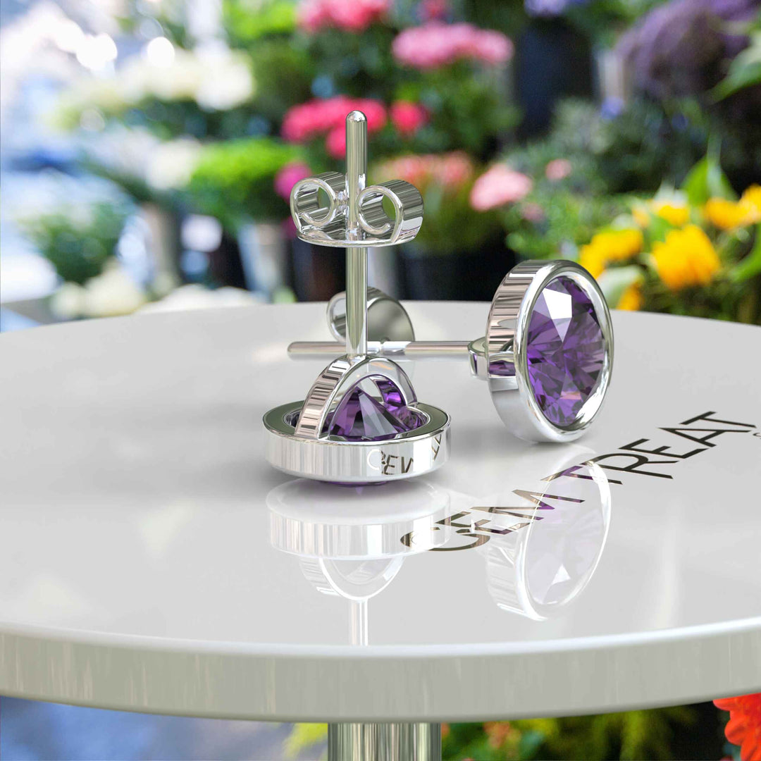 Purple Panache: Classic Round Amethyst Studs in Bezel Setting Earrings.