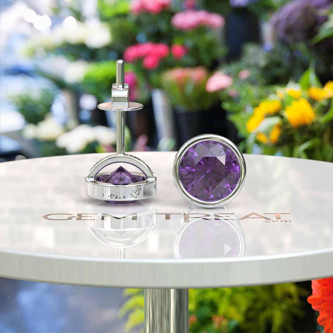 Purple Panache: Classic Round Amethyst Studs in Bezel Setting Earrings.