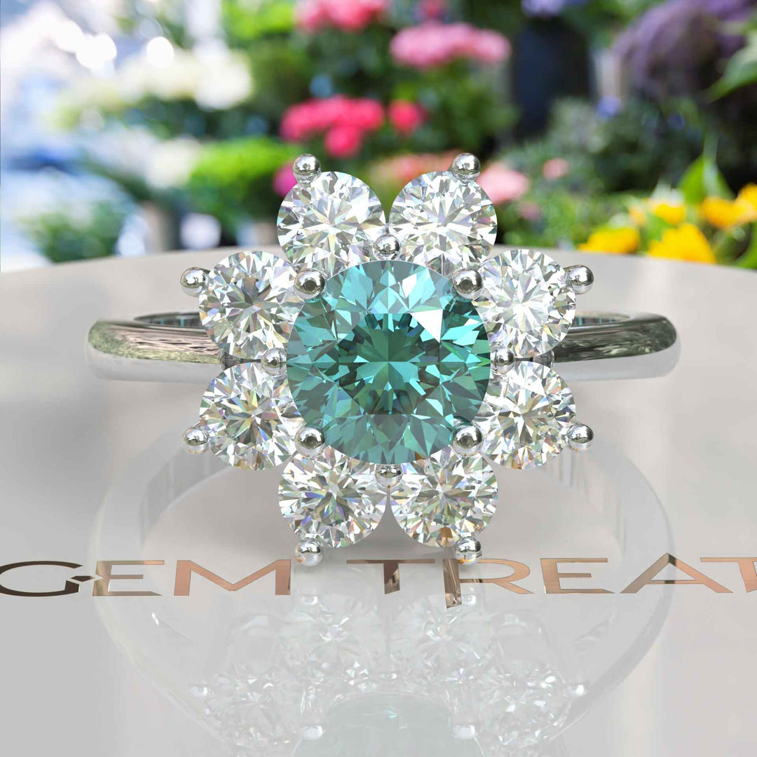 Sparkling Cyan Blue Moissanite Halo Engagement Ring - Exquisite Beauty