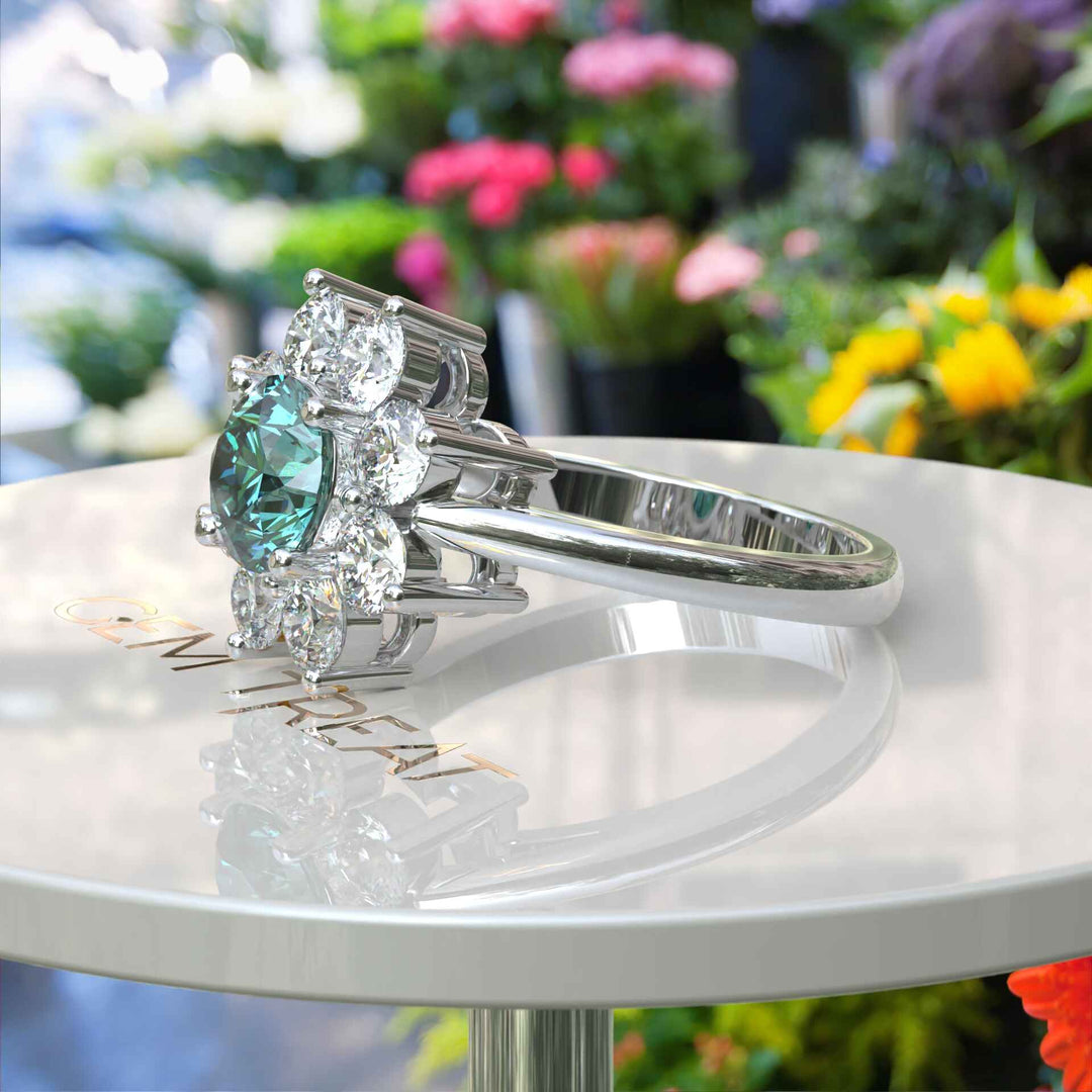 Sparkling Cyan Blue Moissanite Halo Engagement Ring - Exquisite Beauty