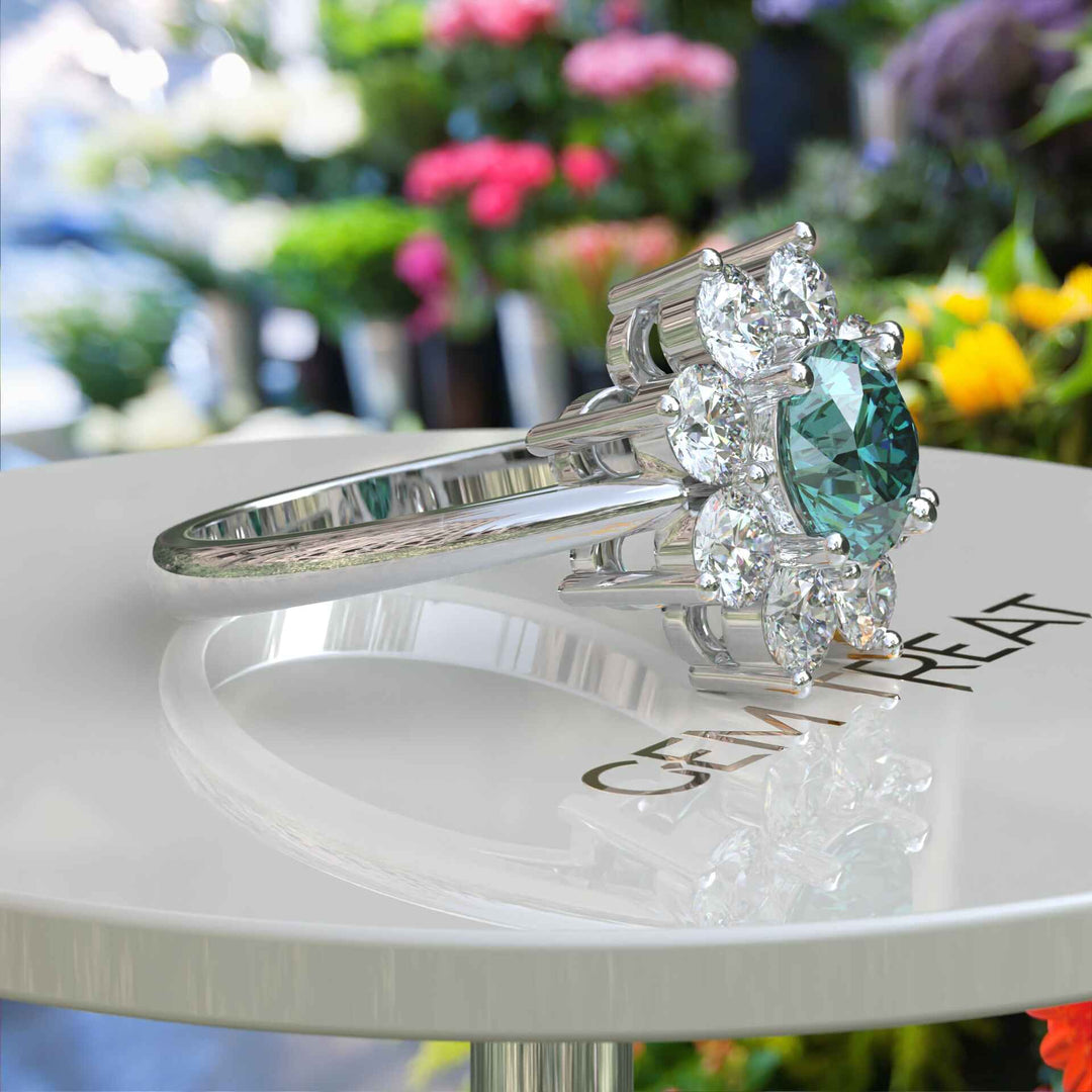 Sparkling Cyan Blue Moissanite Halo Engagement Ring - Exquisite Beauty