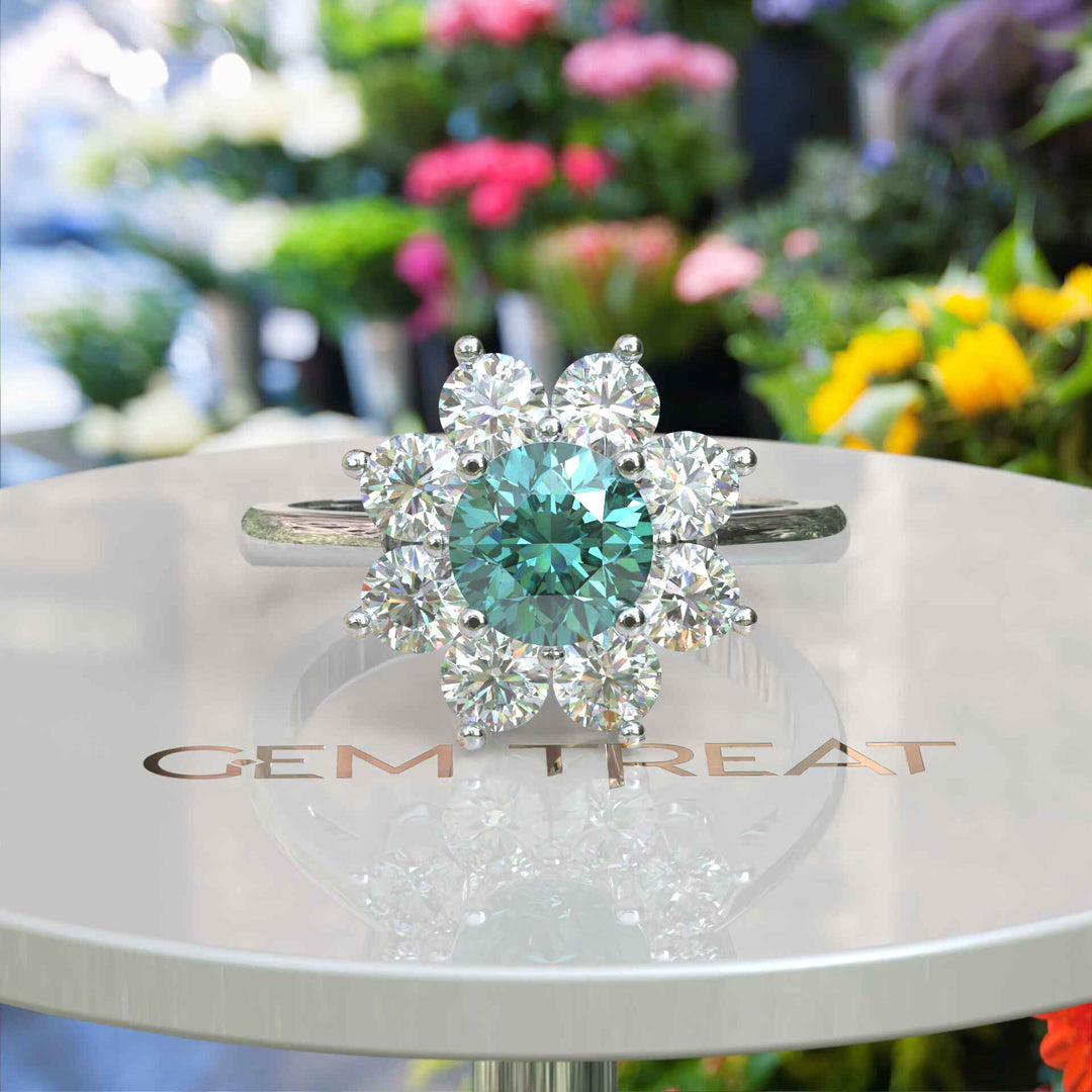 Sparkling Cyan Blue Moissanite Halo Engagement Ring - Exquisite Beauty