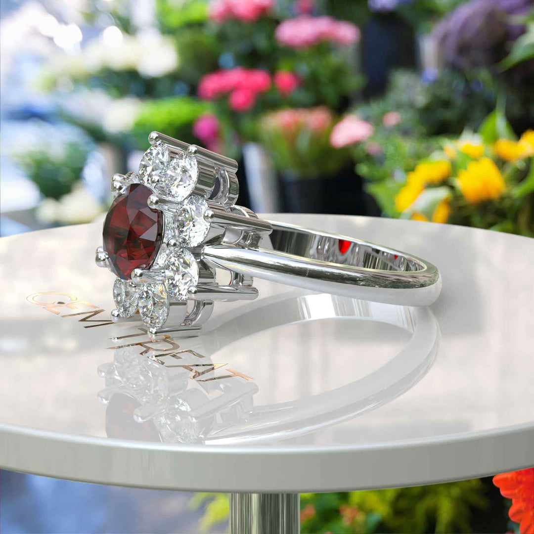 Velvety Vermilion: Round Garnet Ring Accented with Moissanite Halo