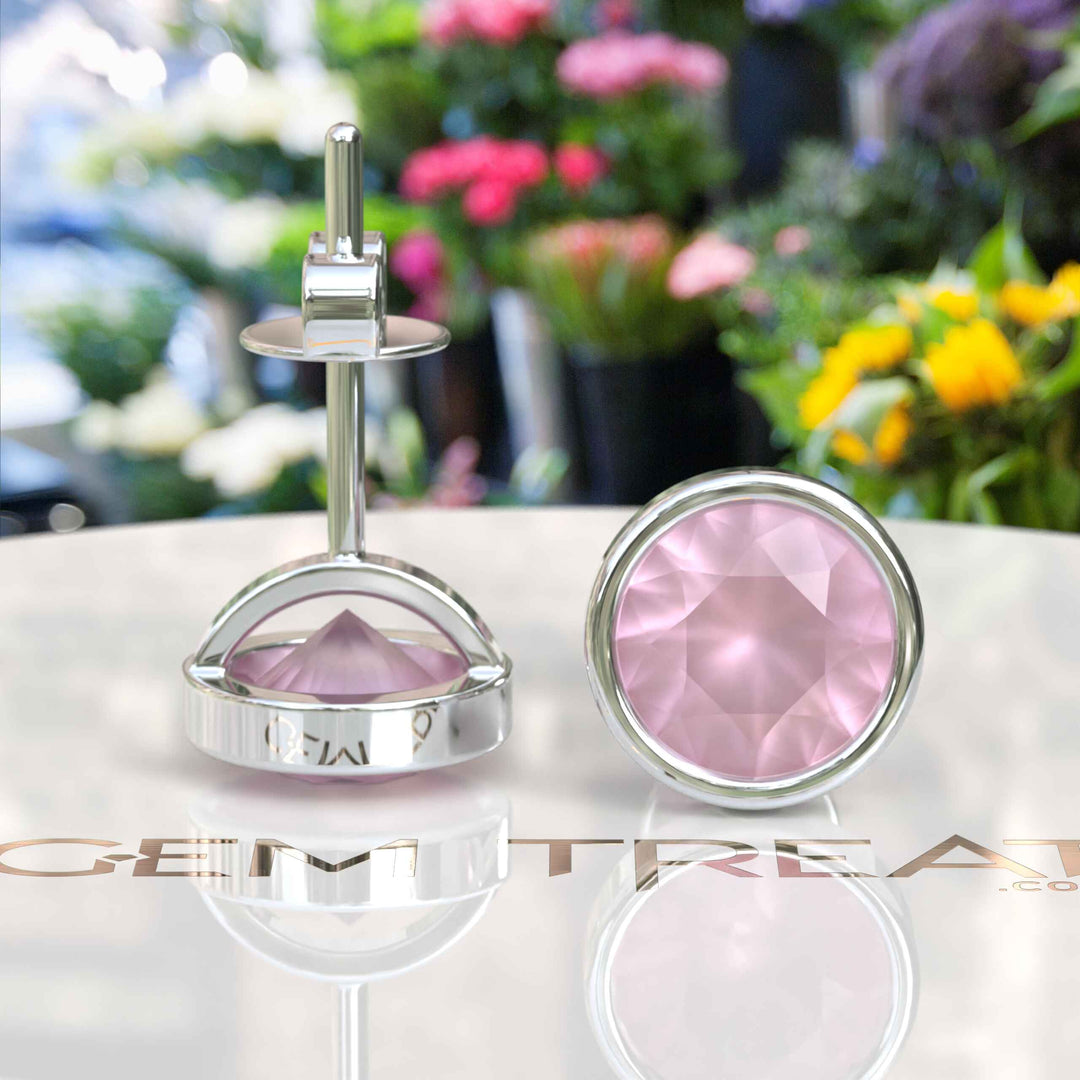 Gentle Radiance: Classic Round Rose Quartz Earrings in Bezel Setting.