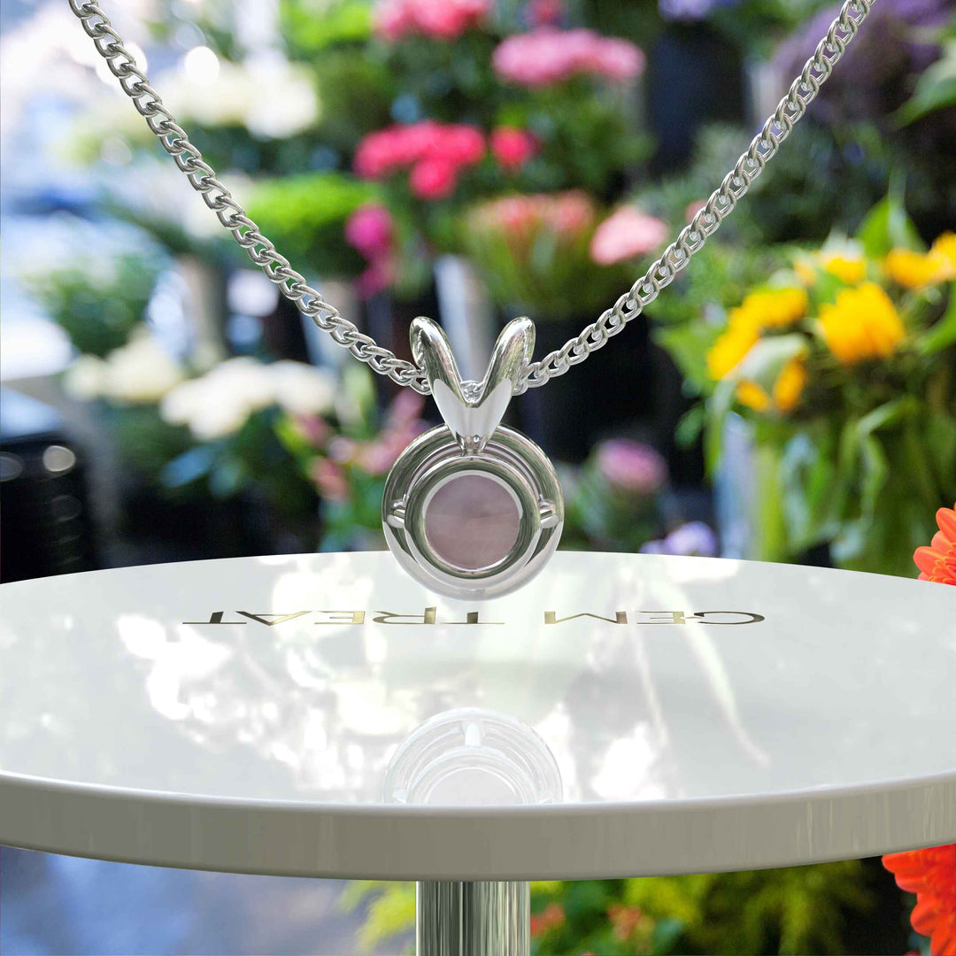 Whispering Romance: Sublime Bezel-Set Round Rose Quartz Solitaire Pendant Necklace, A Gem of Tranquility